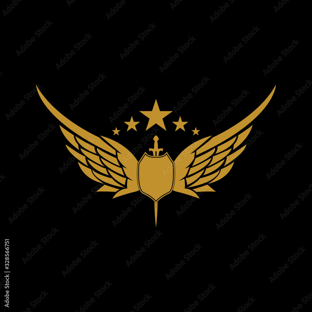 Gold winged sword with shield vector icon. Gold winged sword with shield vector icon.