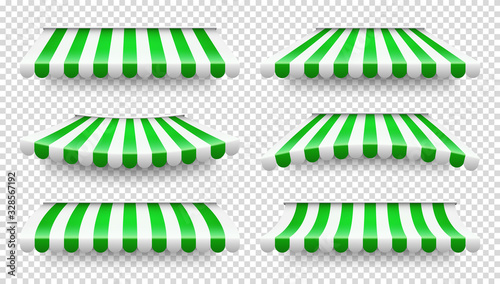 Shop sunshade. Realistic striped cafe awning. Outdoor market tent. Roof canopy. Summer street store. Vector illustration.