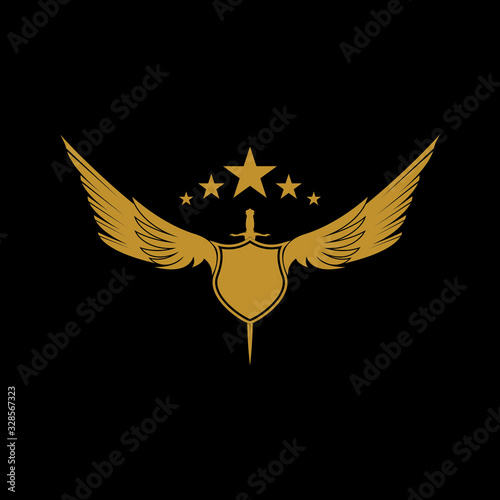Gold winged sword with shield vector icon.