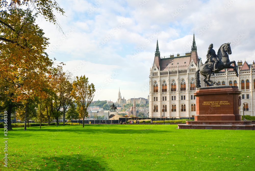 The equestrian statue of Ferenc Rakoczi II in Parliament Square outside the Parliament Building in Budapest Hungary with the Castle Hill in view The equestrian statue of Ferenc Rakoczi II in Parliament Square outside the Parliament Building in Budapest Hungary with the Castle Hill in view