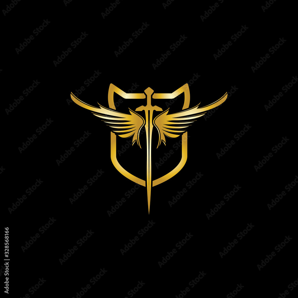 Gold winged sword with shield vector icon. Gold winged sword with shield vector icon.