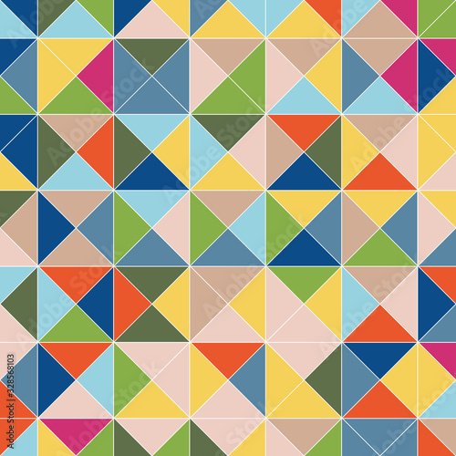 Ornamented pattern of colored triangles, abstract vector background with square pyramids