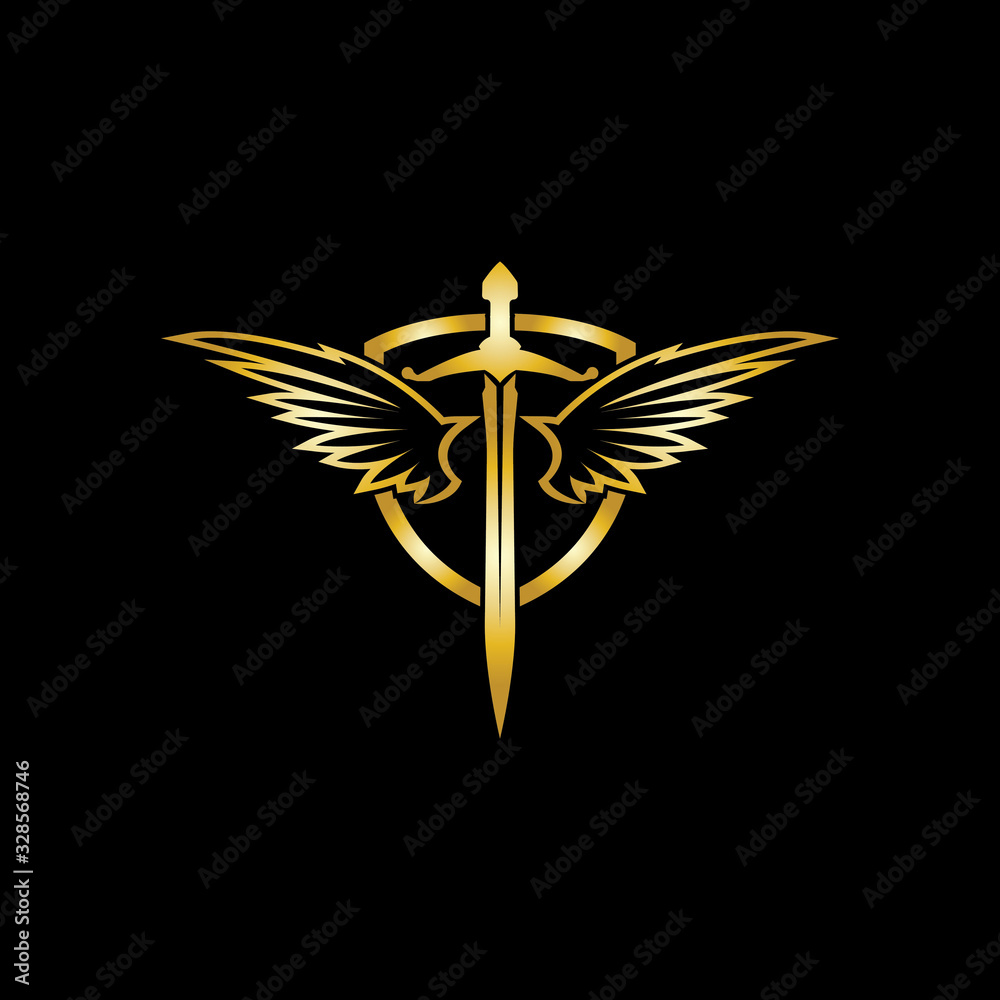 Gold winged sword with shield vector icon. Gold winged sword with shield vector icon.