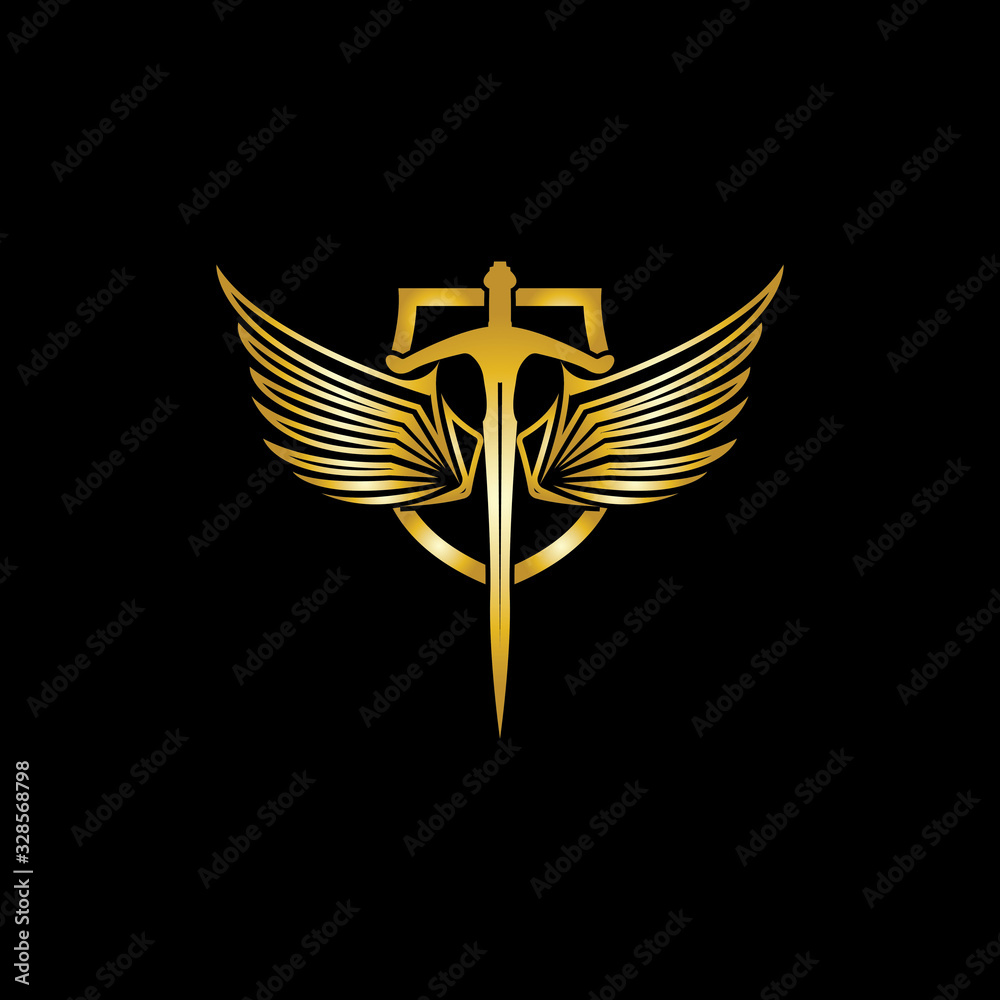 Gold winged sword with shield vector icon. Gold winged sword with shield vector icon.