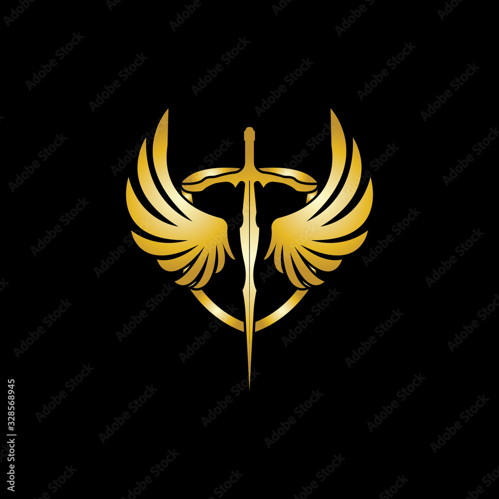 Gold winged sword with shield vector icon.