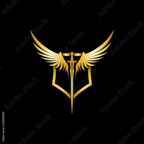 Gold winged sword with shield vector icon.