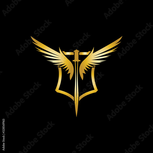 Gold winged sword with shield vector icon.