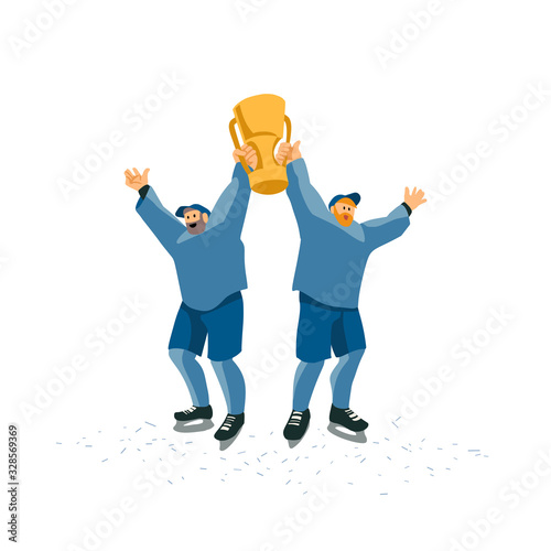 Ice hockey players celebrate the victory. Two players holding trophy above their heads. 