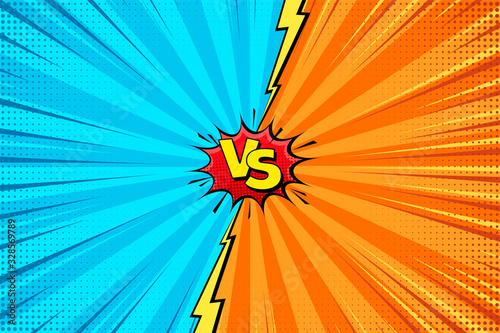 Cartoon comic background. Fight versus. Comics book colorful competition poster with halftone elements. Retro Pop Art style. Vector illustration.