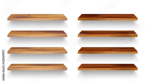 Fototapeta Naklejka Na Ścianę i Meble -  Realistic empty wooden store shelves set. Product shelf with wood texture. Grocery wall rack. Vector illustration.