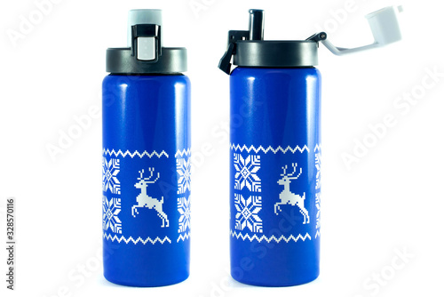 blue winter thermos with deer pictogram on white background close-up isolated