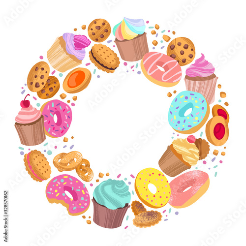 Yummy colorful donuts, cookies and cupcakes hand drawn pattern round shape.