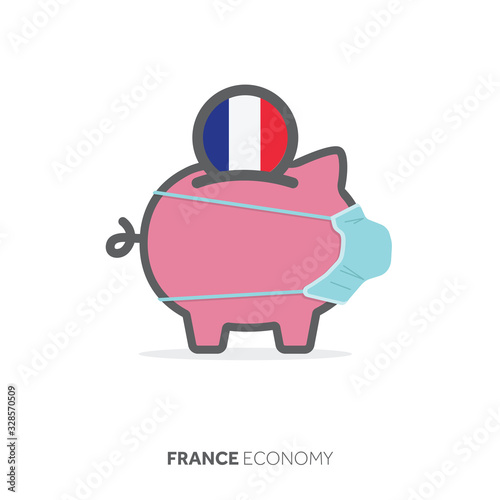 France healthcare savings. Piggy bank with medical face mask