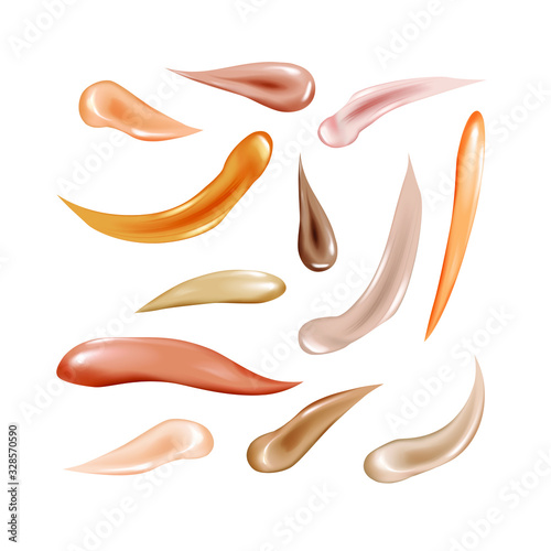 Collection of liquid foundation,сosmetic concealer smear strokes, tone cream smudged isolated texture on white background.Cosmetic care product.Sun protection.Vector illustration.