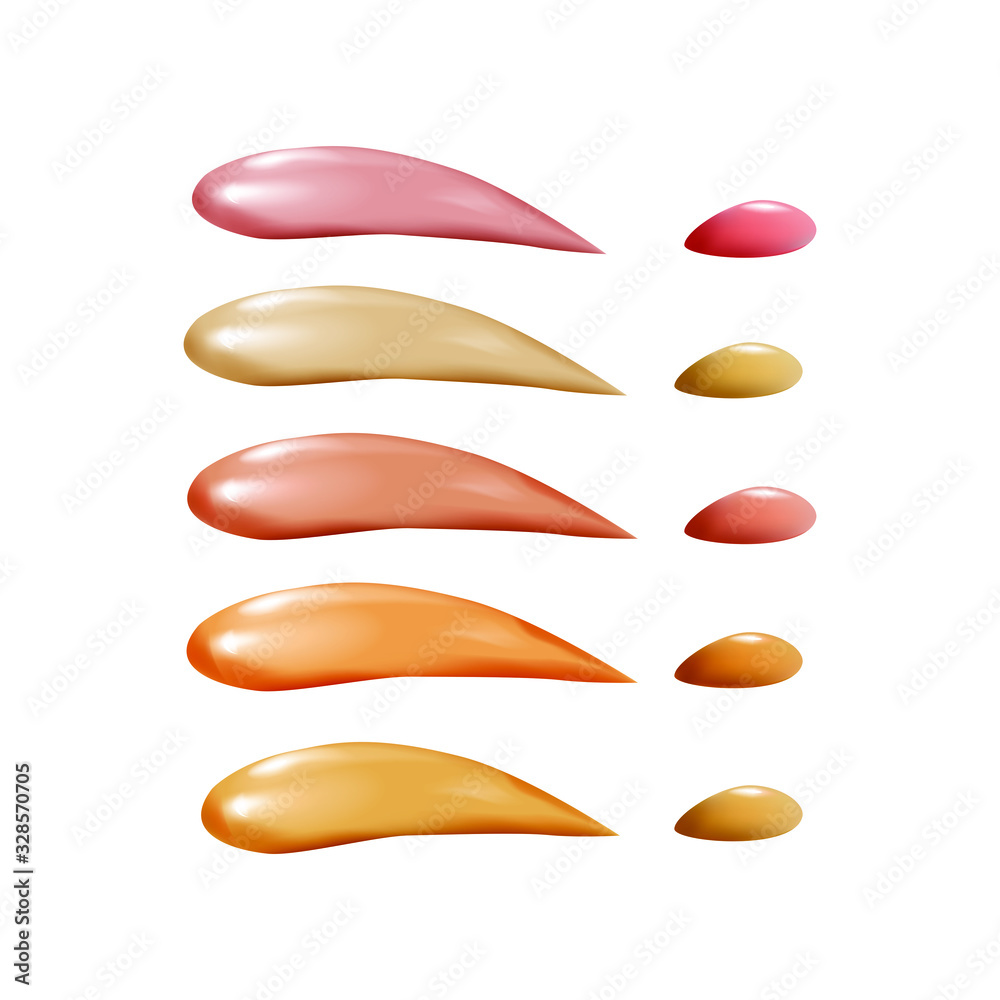 Collection of liquid foundation,сosmetic concealer smear strokes, tone cream smudged isolated texture on white background.Cosmetic care product.Sun protection.Vector illustration. Collection of liquid foundation,сosmetic concealer smear strokes, tone cream smudged isolated texture on white background.Cosmetic care product.Sun protection.Vector illustration.