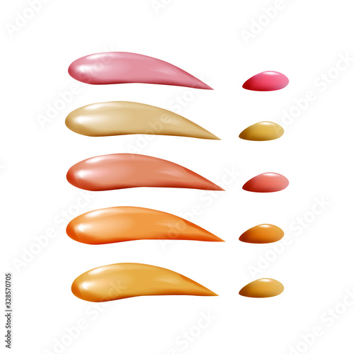 Collection of liquid foundation,сosmetic concealer smear strokes, tone cream smudged isolated  texture on white background.Cosmetic care product.Sun protection.Vector  illustration.