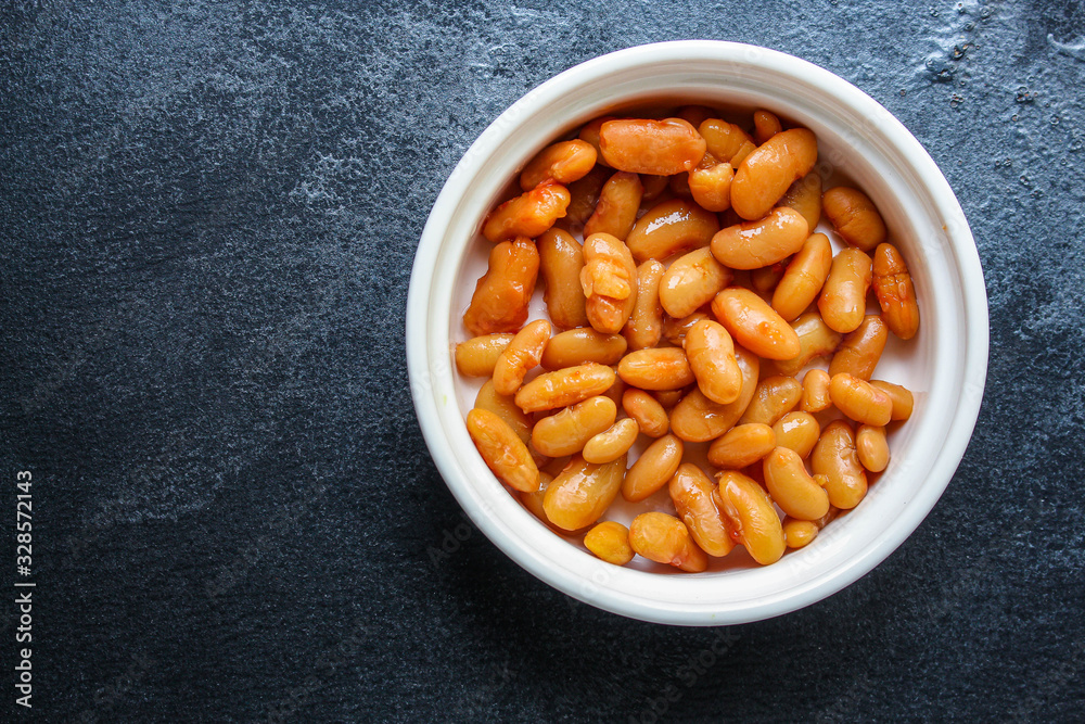 beans in tomato sauce, keto or paleo diet menu concept food background. top view. copy spaces beans in tomato sauce, keto or paleo diet menu concept food background. top view. copy spaces