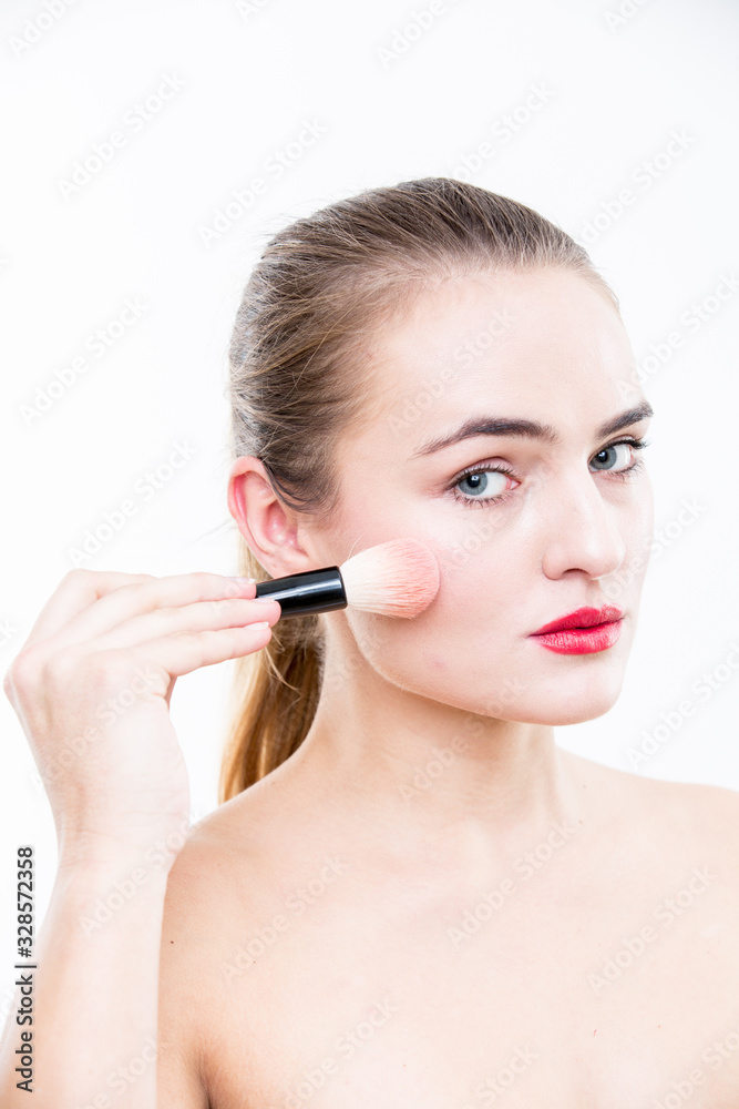 Portrait of beautiful woman on white background