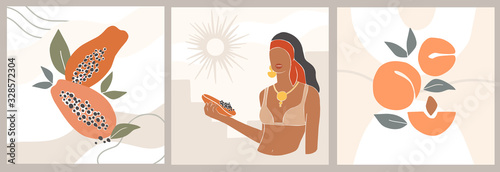 Female shape and silhouette on retro summer background. Fashion women portraits in pastel colors. Collection of contemporary art. Abstract paper cut elements,apricot and papaya for social media, poste