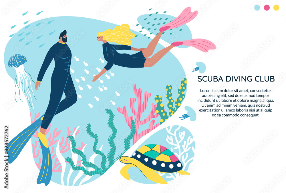 Scuba diving club vector banner with space for text. People swimming in ocean. Woman and man in a wetsuit or swimsuit snorkeling and exploring sea bottom, fishes, corals, turtles, jellyfish. Scuba diving club vector banner with space for text. People swimming in ocean. Woman and man in a wetsuit or swimsuit snorkeling and exploring sea bottom, fishes, corals, turtles, jellyfish.