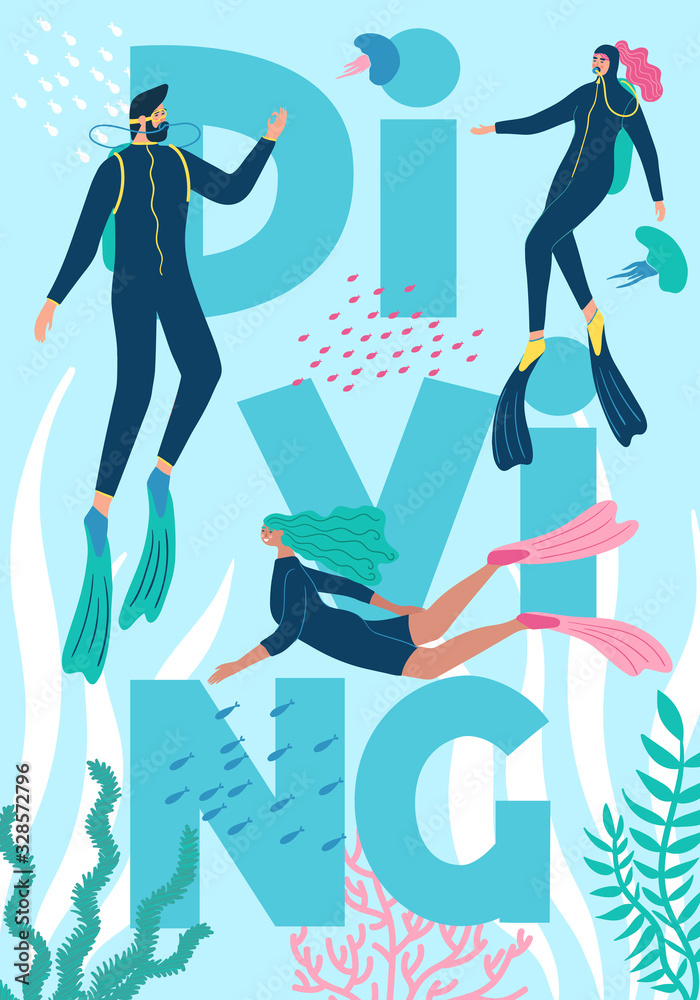 Scuba diving club vector illustration with letters on the background ...