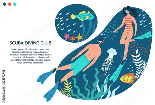Scuba diving vector banner with space for text. People swimming in ocean. Woman and man in a wetsuit or swimsuit snorkeling and exploring sea ​​bottom, fishes, corals, turtles, jellyfish.