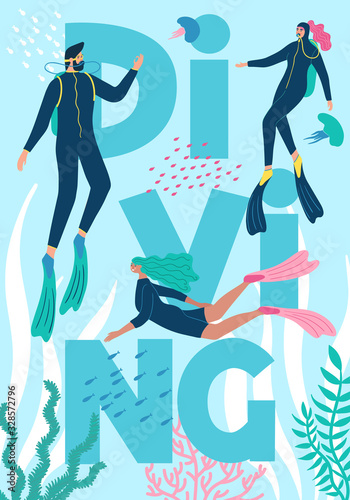 Scuba diving club vector illustration with letters on the background. People swimming in ocean. Woman and man in a wetsuit or swimsuit snorkeling and exploring sea       bottom.