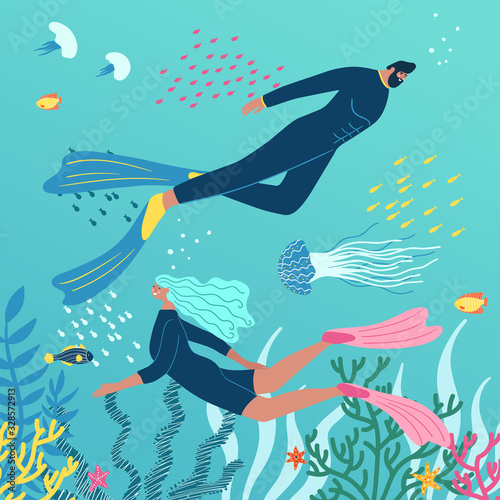 Scuba diving club vector illustration with underwater world on the background. People swimming in ocean. Woman and man in a wetsuit or swimsuit snorkeling and exploring sea ​​bottom.