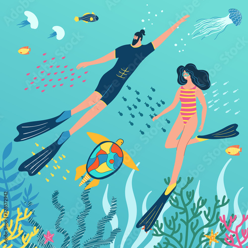 Scuba diving club vector illustration with underwater world on the background. People swimming in ocean. Woman and man in a wetsuit or swimsuit snorkeling and exploring sea ​​bottom.