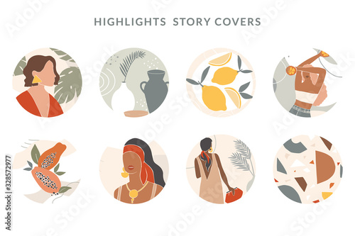 Collection of highlight story covers for social media. Round vector backgroungs, elements and icons with woman, abstract shapes, clip art, lines, floral details, texture for your blog or website.