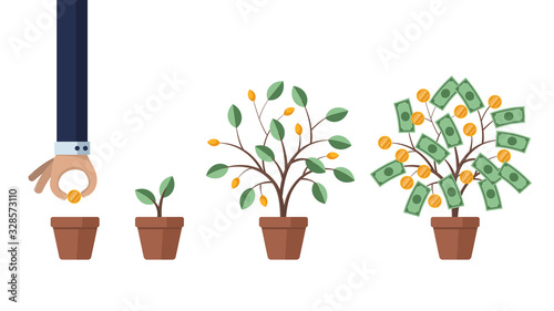 Investing in business and revenue growth. Saving and increasing money. Concept illustration. Man grows a money tree. Isolated on white