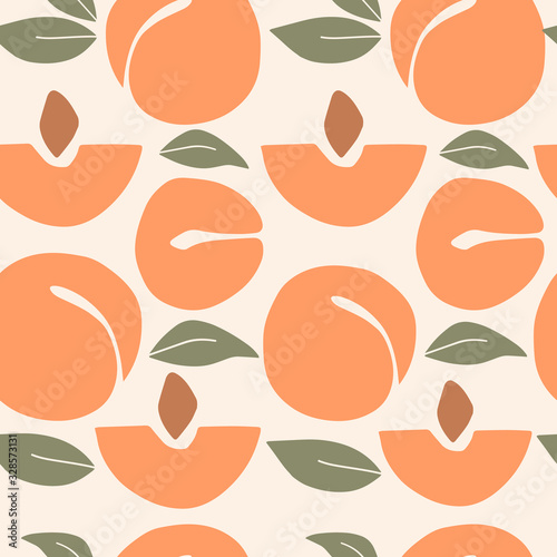Seamless pattern with colorful abstract apricot, leaves. Bright endless background for print or textile.