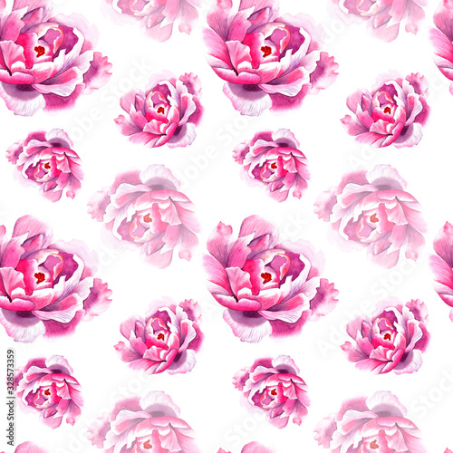 Seamless pattern with hand painted watercolor pink flower peony