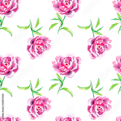 Seamless pattern with hand painted watercolor pink flower peony