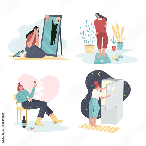 Set of women with emotional problems, mental disorder, in stressful situations, drinking problem, judging yourself, depression, anxiety, psychiatric or psychological issues.