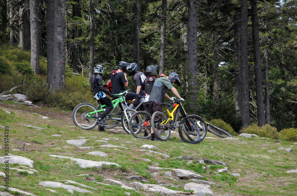 Bikers at mountain landscape Bike Park Czarna Gora Poland Bikers at mountain landscape Bike Park Czarna Gora Poland