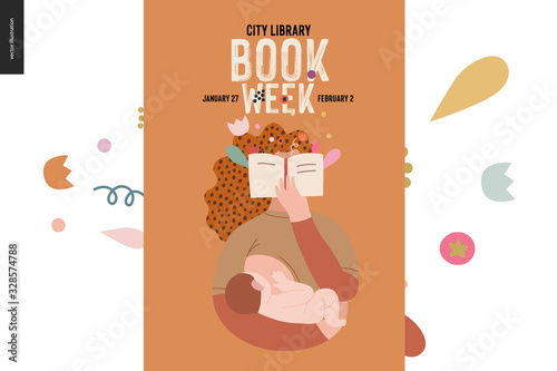 World Book Day graphics, breastfeeding poster template, book week events. Modern flat vector concept illustrations of reading people -a woman reading a novel, holding a baby, breastfeeding him.