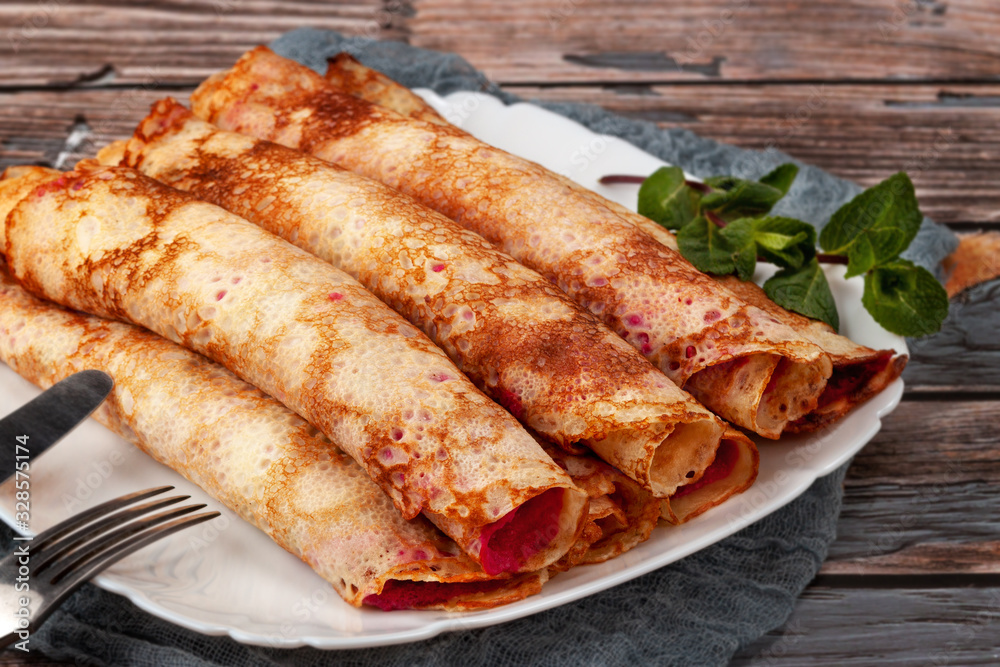 Pancakes with beetroot and cheese pasta and salmon Pancakes with beetroot and cheese pasta and salmon