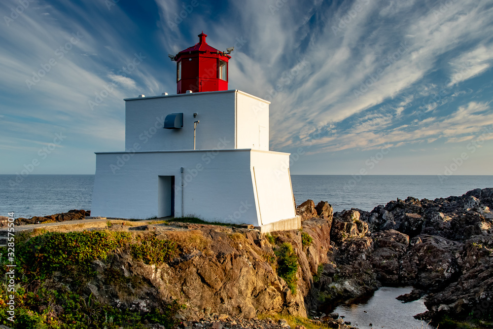 View of the Amphitrite light house, Ucluelet, Vancouver Island, BC, Canada