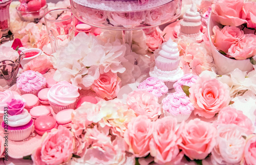 pink decoration with pink dessert and pink flower