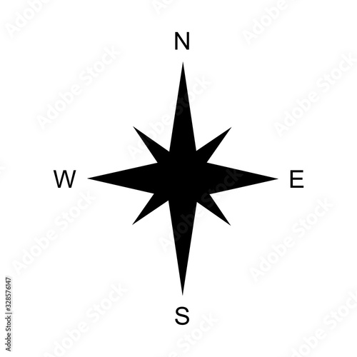 Black Compass rose with North, South, East and West indicated. Vector illustration isolated on a white background