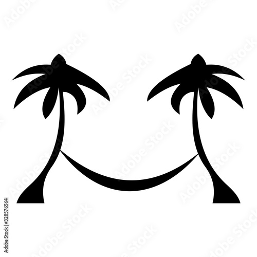 Black silhouette of two palm trees between which hangs a hammock. Beach vacation or trip. Vector illustration isolated on a white background