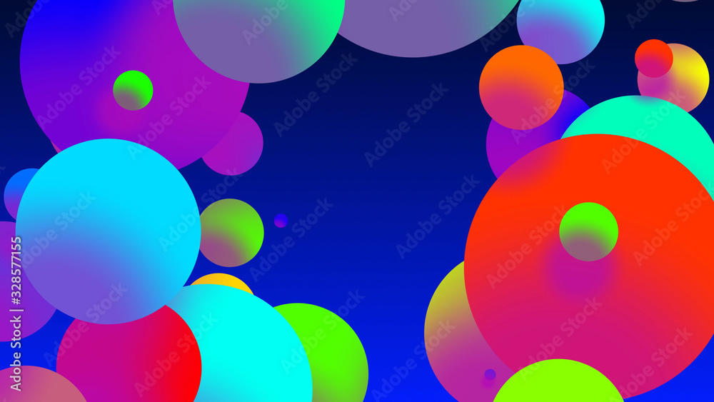 Abstract simple background with beautiful multi-colored circles or balls in flat style like paint bubbles in water. 3d render of particles, droplets of paint. Round structure with copy space. 2