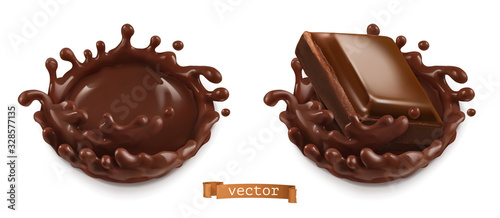 A piece of chocolate and a chocolate splash. 3d vector realistic food illustration