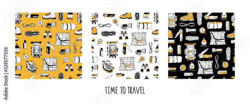 Set of vector seamless patterns in yellow, white, black colors with hand drawn isolated elements. Modern endless texture. Camping print. Backpack, boots, map, reusable bottle, sleeping bag, compass.