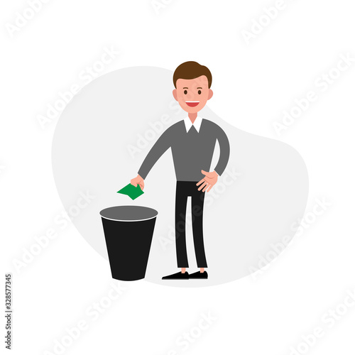 man throws trash in the trash flat illustration of character. design element