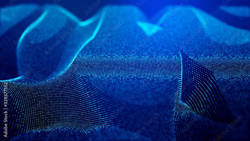 abstract blue background of glow particles form lines, surfaces as futuristic landscape in cyberspace or hologram. Sci-fi theme of microworld, nanotechnology or cosmic space. Depth of field bokeh 2