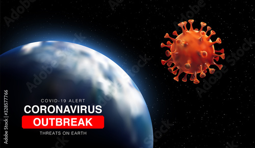Coronavirus outbreak threats on earth with 3d illustartion of earth and coronavirus cell. China epidemic 2019-nCoV in Wuhan. Virus Covid 19-NCP. 3D Landscape bacground