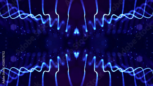 Blue motion design background with symmetrical pattern. Abstract sci-fi background with glow particles form curved lines, strings, surfaces, hologram or virtual digital space. Mirror structure 26