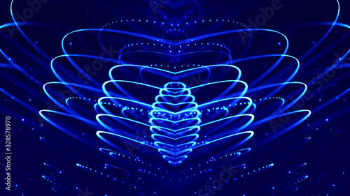 Blue motion design background with symmetrical pattern. Abstract sci-fi background with glow particles form curved lines, strings, surfaces, hologram or virtual digital space. Mirror 3d structure 50